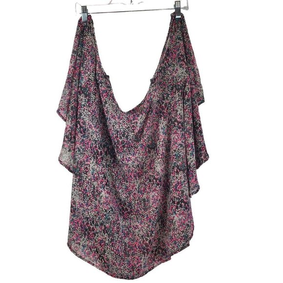 Torrid Poncho Top Size 2 2X Neon pink ditzy floral Flowy‎ Wide neck Short sleeve - Picture 2 of 9